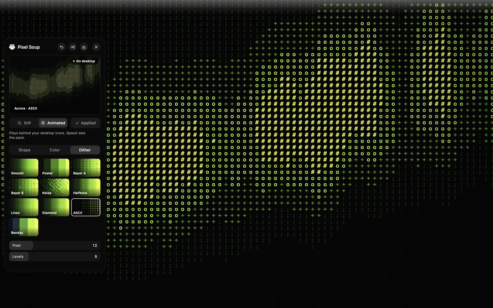 An animated ASCII wallpaper running behind the Pixel Soup editor on a Mac desktop