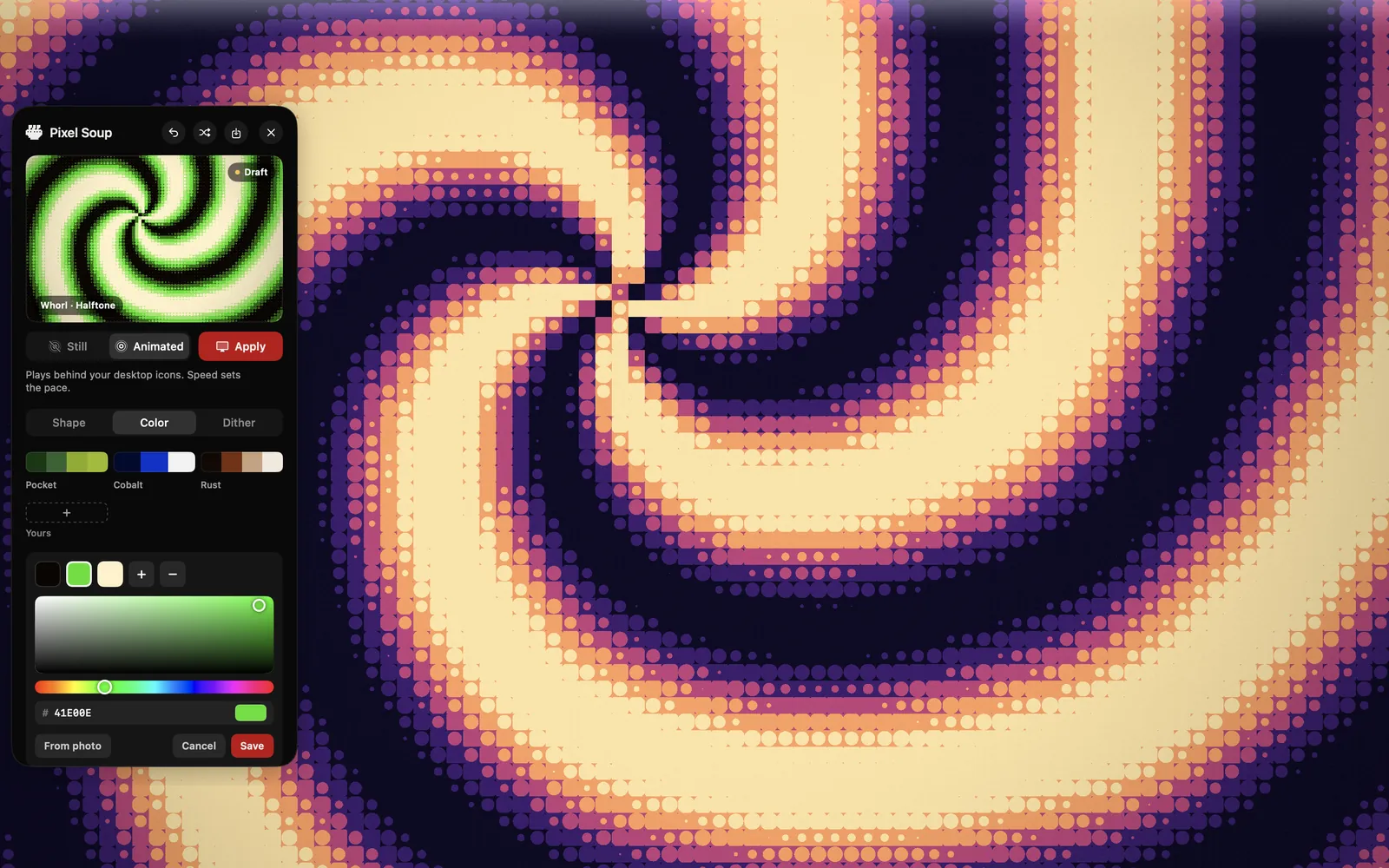 The Pixel Soup editor on its Color tab, with the palette editor open and a wallpaper behind it